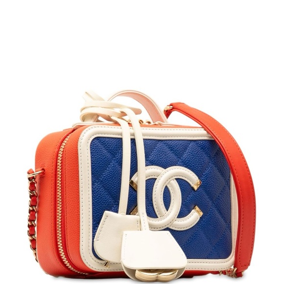 Chanel  Caviar Quilted Small CC Filigree Vanity Case Blue White Red - Picture 3 of 11